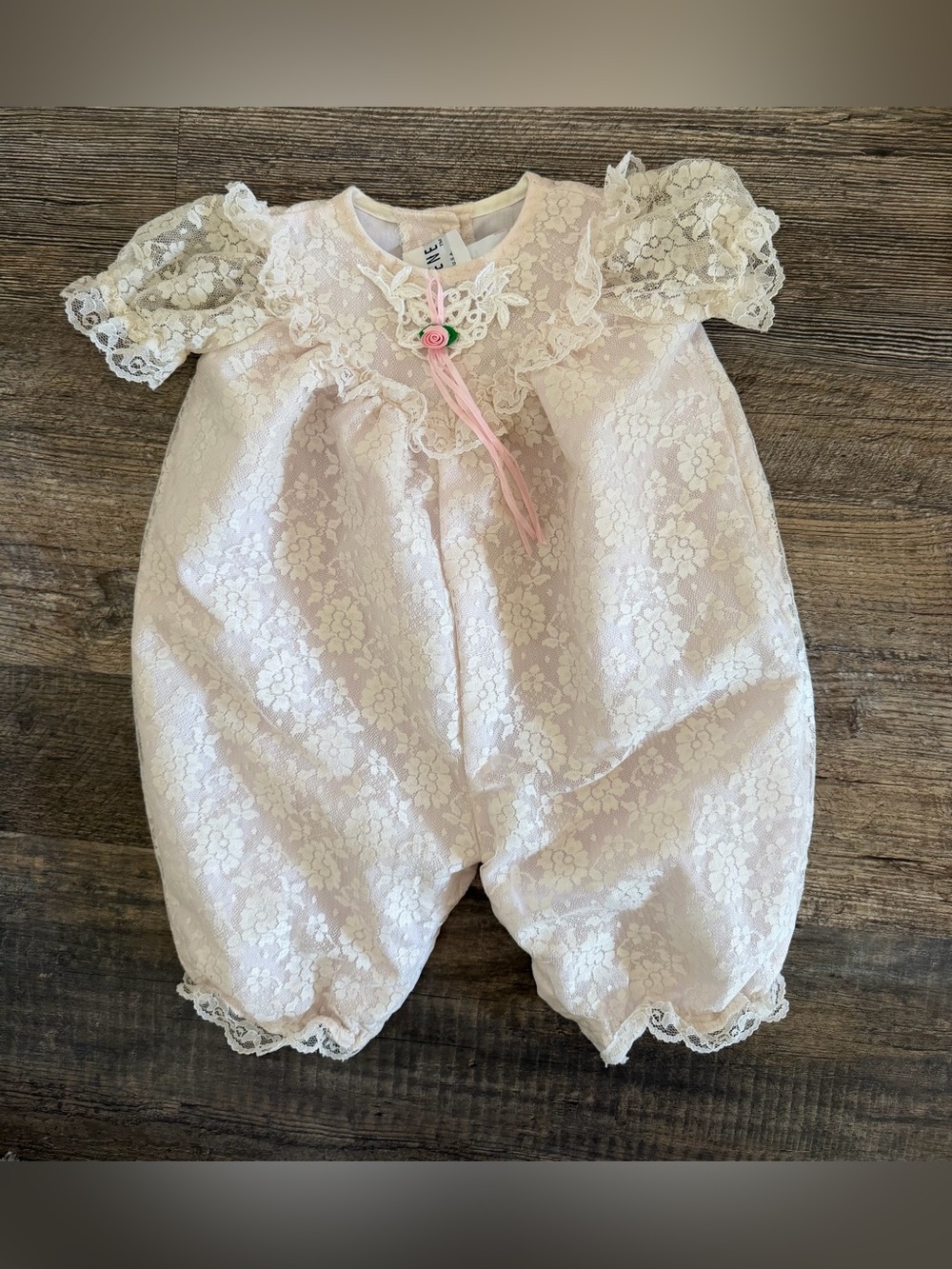 JO LENE Vintage USA Made Blush Pink Baby 6-9 Month Lace Bubble Romper Rosette